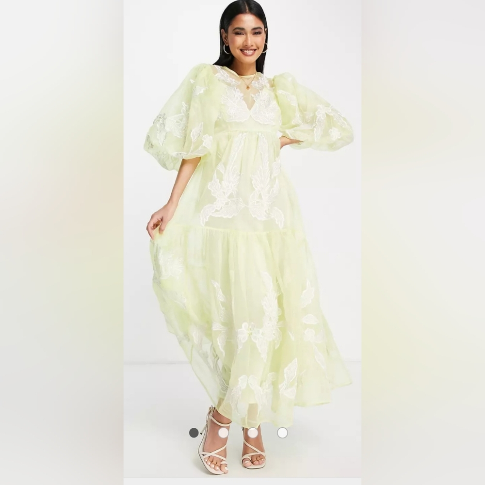ASOS EDITION smock dress with placement applique embroidery in washed lemon S 12